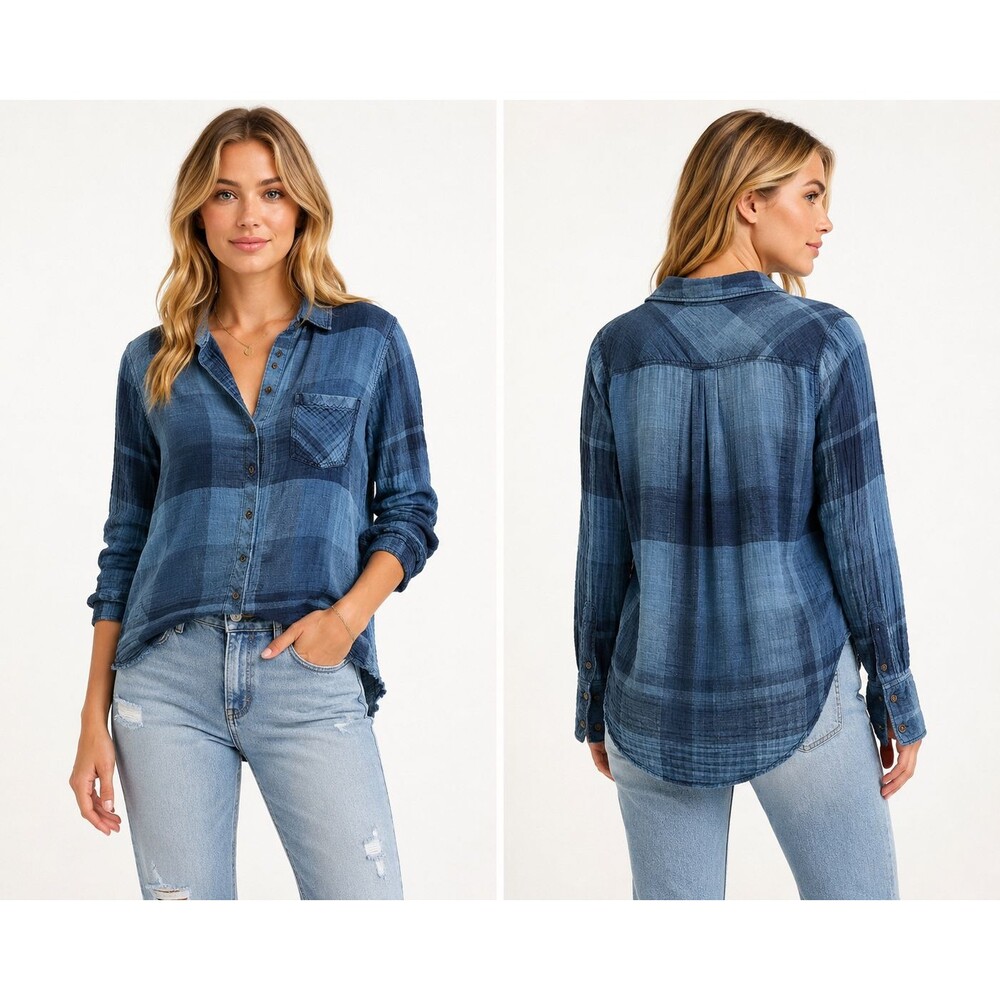 Cloth & Stone Blue Plaid Cotton Button Front Shirt Hi Low Hem Pocket Size Medium